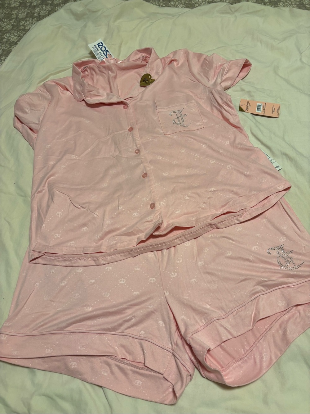 Baby Pink Short Sleeve Pajama Set - Rhinestone Pocket Detail and rhinestone